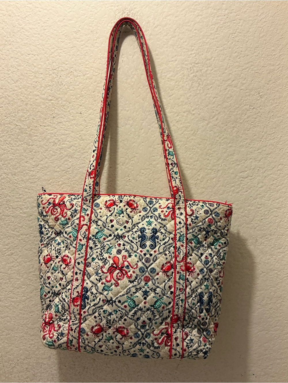 Vera Bradley iconic Quilted Tote in Cream with Coral, Teal, and Navy Accents